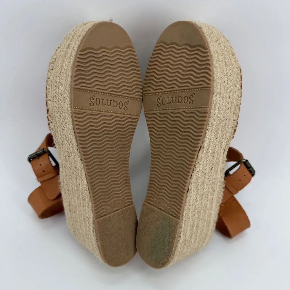 Soludos Minorca Tan Leather Espadrille Platform Wedge Sandals Womens 8 EU 38.5‎